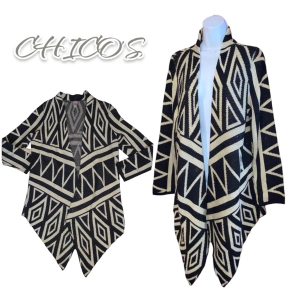 Chico's Black Gold Sparkle Open Asymmetric Geometric Tribal Cardigan 2 Large - Picture 1 of 13